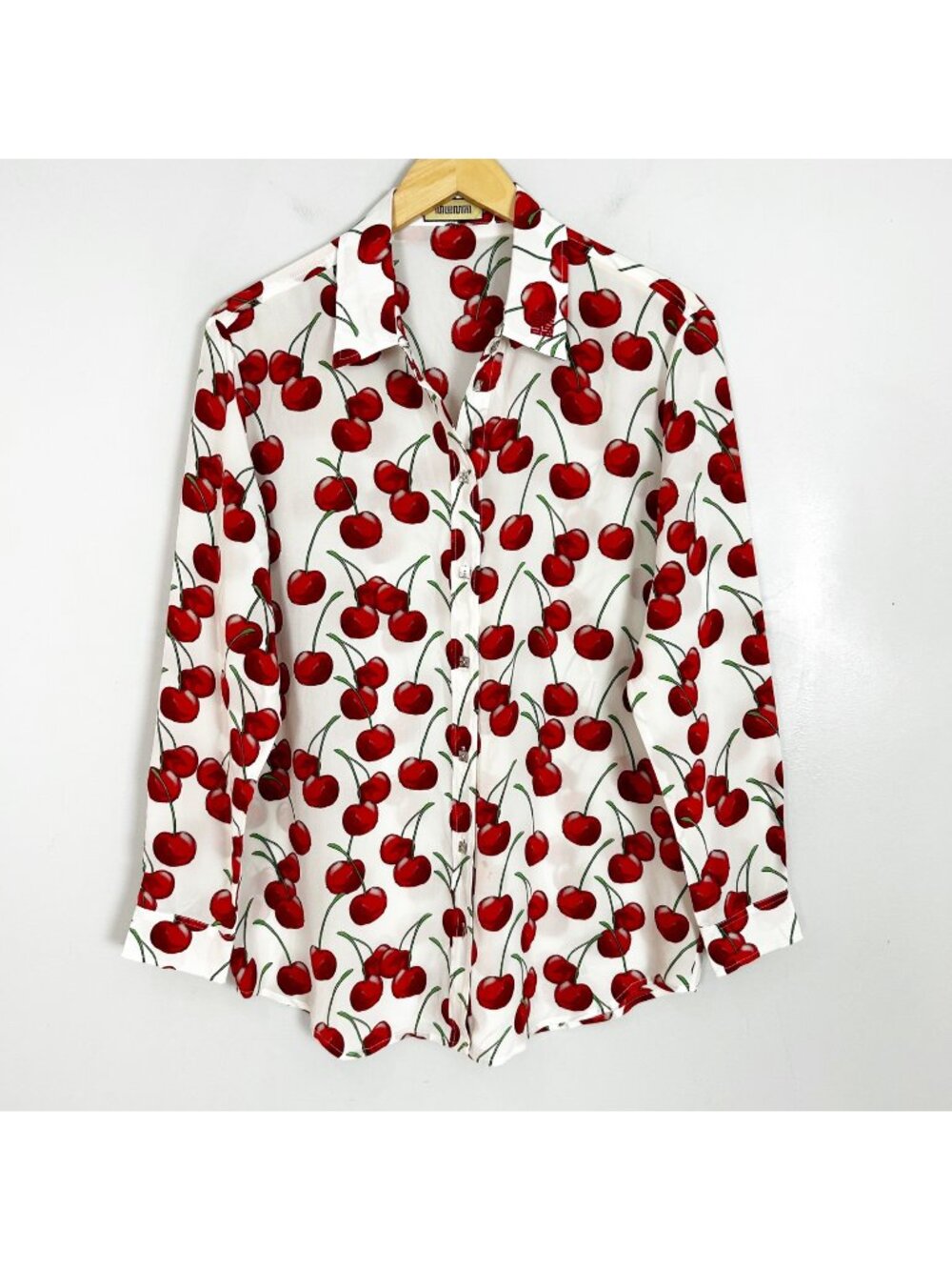Muma World White Cherry Long Sleeve Shirt Blouse 100% Silk Size Small Women's